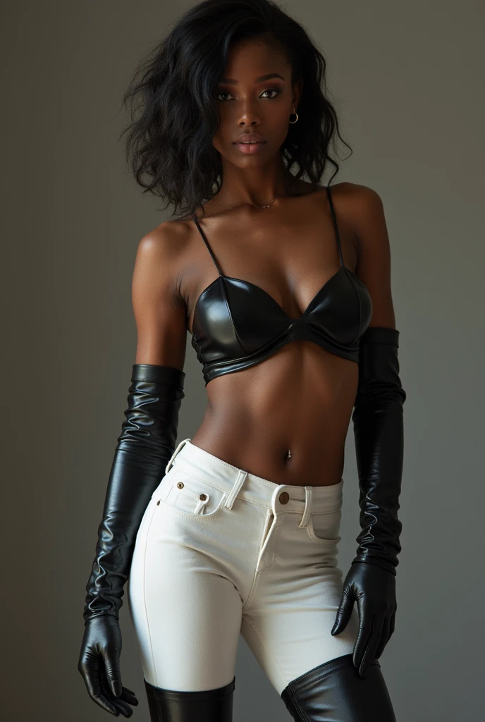 Black woman in leather thigh high boots, white pants, naked breasts, long gloves