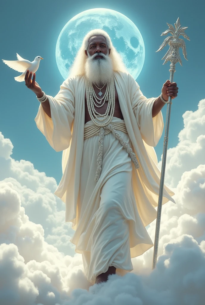 Orisha Black Man, elder, white bearded, Walking on clouds, White tunic, white necklaces, holding a white dove in his hand, silver staff