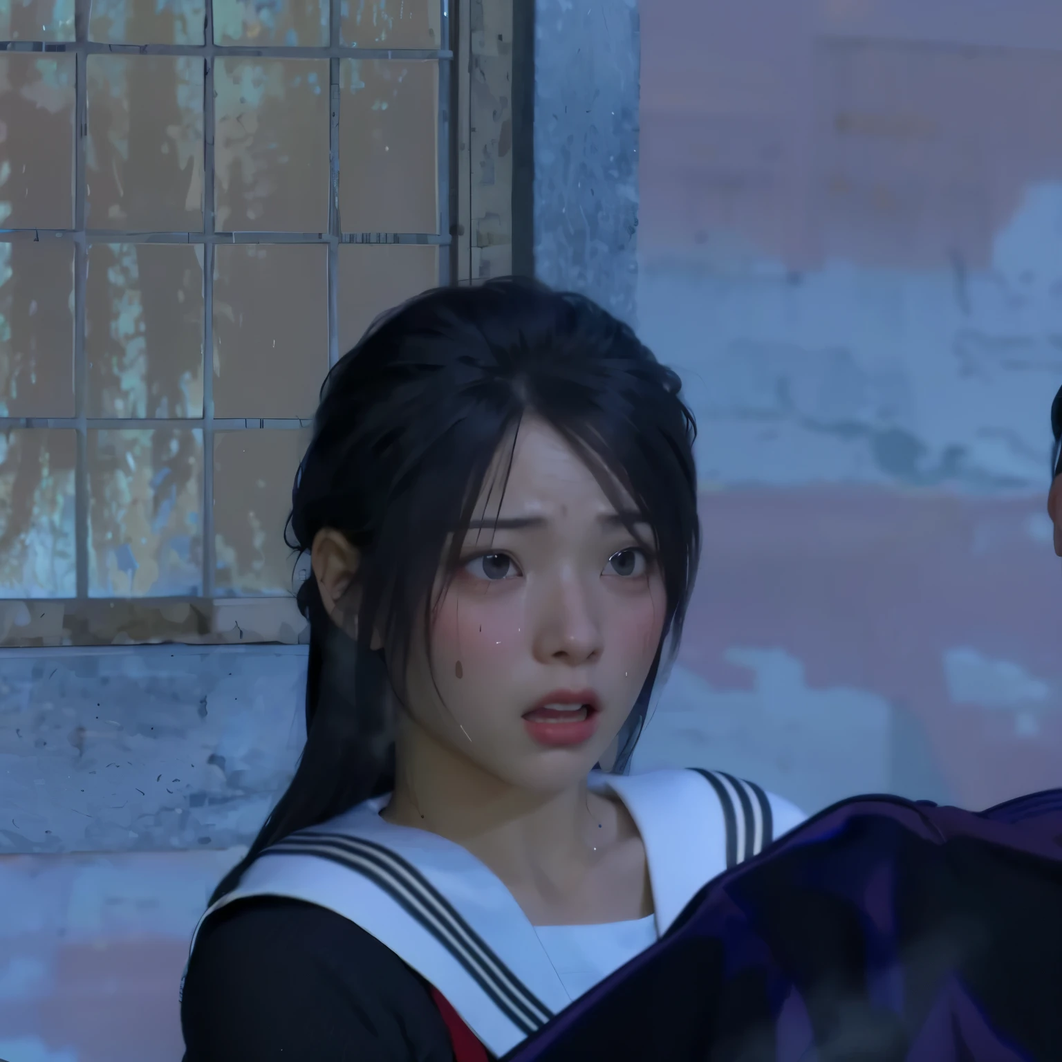 ((sad、Frightened expression))、((Sweaty、Blushing'cheek、Sweaty skin))、(8k, Highest quality, masterpiece:1.2), (Realistic, photo-Realistic:1.37), Very detailed,Highest quality, Ultra-high resolution, Professional Lighting, Photon Mapping, Radio City, Physically Based Rendering, Cinema Lighting, Midnight Road,Depth of the written border, Sharp focus,moonlight, Good composition,1 girl,alone,(whole body), (whole body),Beautiful and beautiful eyes,((Red eyes、I'I'm afraid of something))、 stop temporarily, Tight waist,Japanese , Black Hair,Messy Hair,Long hair blowing in the wind,((Navy blue socks))、(Urzan-6500:1.2)、 Mix 4,