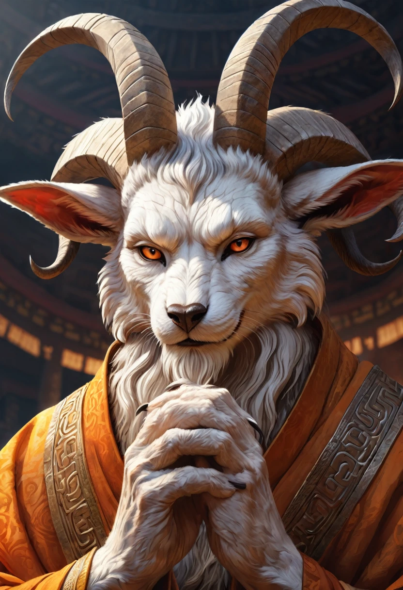Anthropomorphic kitsune-satyr monk. Old, wrinkled ancient, wise face. wizened. long detailed fingers. Official Art – An Award-Winning Digital Masterpiece In 4K Ultra HD, Extreme Detail And Intricate Realism. Symmetrical Face. This Concept Art Brought To Life By The Hands Of Artists Like Wlop & Artgerm In A Stunning 2D Vector Illustration. Background Is A Panoramic Vista.