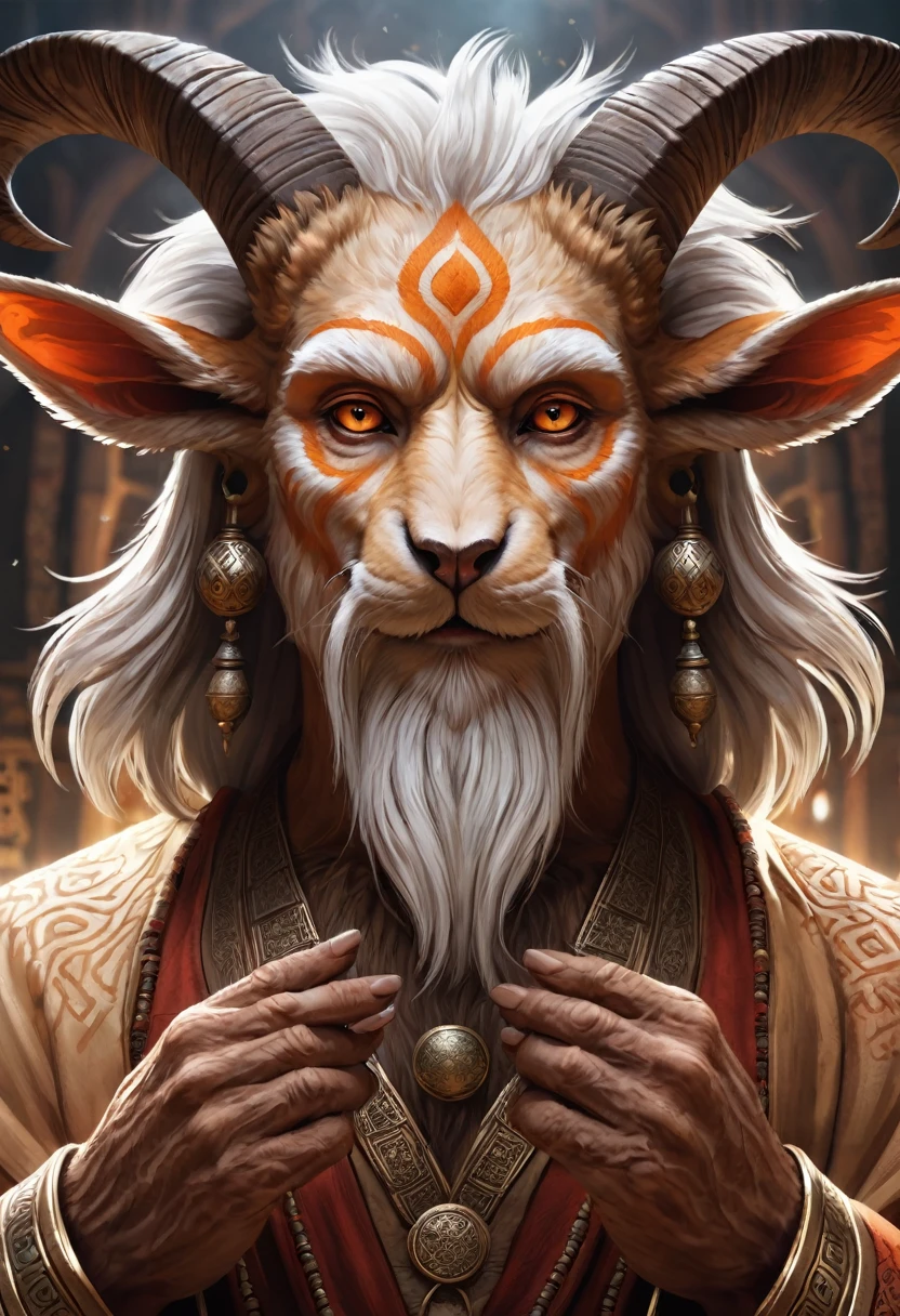 Anthropomorphic kitsune-satyr monk. Old, wrinkled ancient, wise face. wizened. long detailed fingers. Official Art – An Award-Winning Digital Masterpiece In 4K Ultra HD, Extreme Detail And Intricate Realism. Symmetrical Face. This Concept Art Brought To Life By The Hands Of Artists Like Wlop & Artgerm In A Stunning 2D Vector Illustration. Background Is A Panoramic Vista.