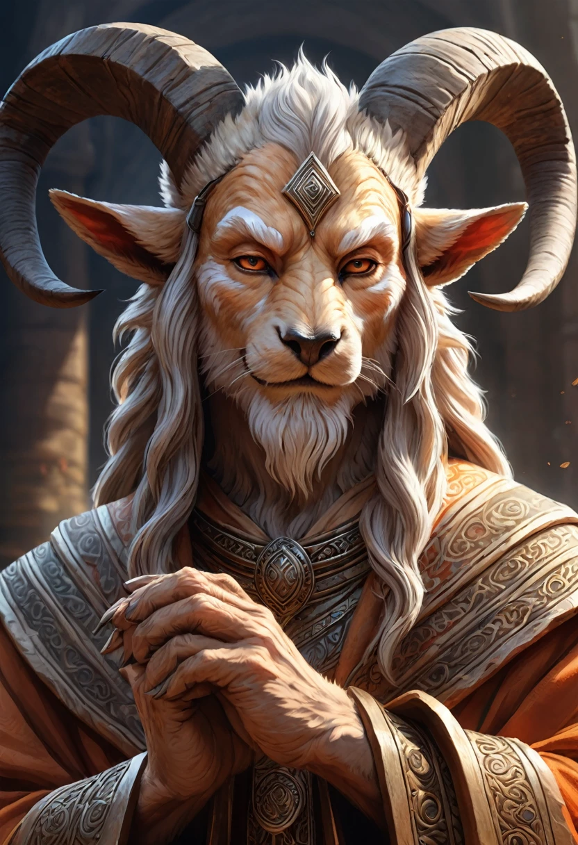 Anthropomorphic kitsune-satyr monk. Old, wrinkled ancient, wise face. wizened. long detailed fingers. Official Art – An Award-Winning Digital Masterpiece In 4K Ultra HD, Extreme Detail And Intricate Realism. Symmetrical Face. This Concept Art Brought To Life By The Hands Of Artists Like Wlop & Artgerm In A Stunning 2D Vector Illustration. Background Is A Panoramic Vista.