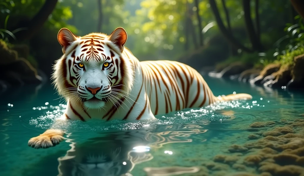 A tiger with white fur, adorned with golden details on its body, swimming smoothly in crystal clear waters. Your yellow eyes shine brightly, reflecting the sunlight that penetrates the trees. ao redor, a dense, verdant forest surrounds the landscape, with the light filtering through the leaves and creating a serene and mysterious environment. The tiger moves gracefully, creating gentle ripples in the water, while its golden and white coat stands out against the surrounding natural environment.