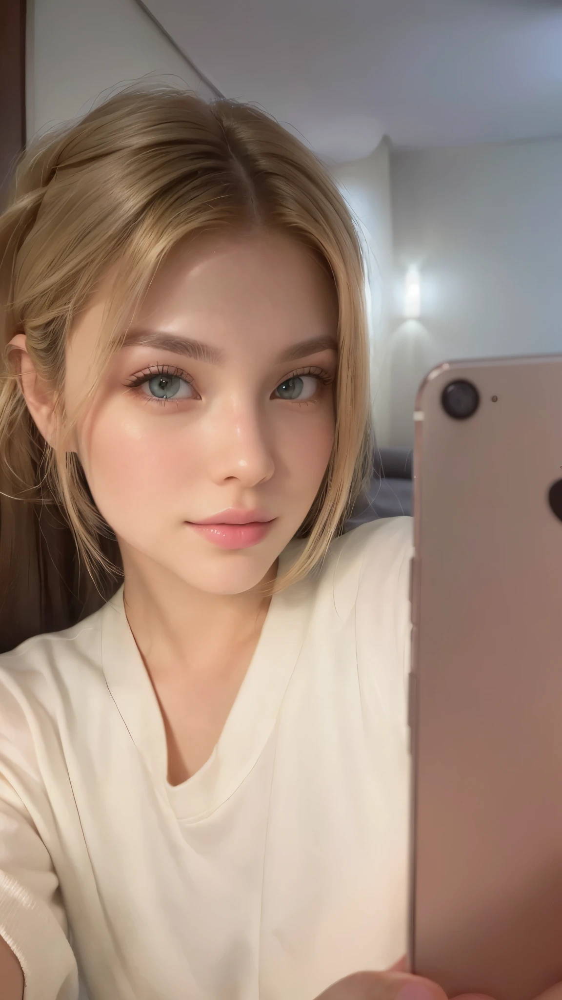 blonde woman taking selfie with cell phone in hotel room, face like ester exposito, flawless face, perfectly lit face, pale glowing skin, detailed flawless face, she is facing the camera, perfect face ), selfie of a young woman, without makeup, instagram model, extremely beautiful face, sexy face, iphone selfie, yelena belova, leaked image