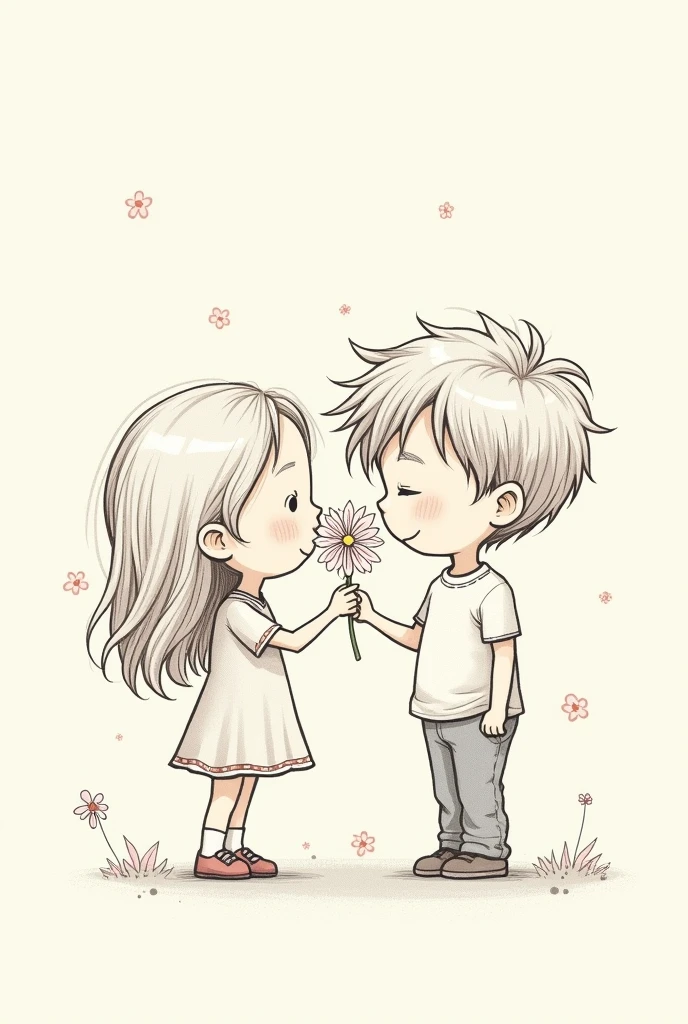 Draw with hand-drawn lines。No colors, just lines。I&#39;d like it in an American casual style.。The content is the moment when a girl gives a boy a flower.。Their faces are hidden by flowers。