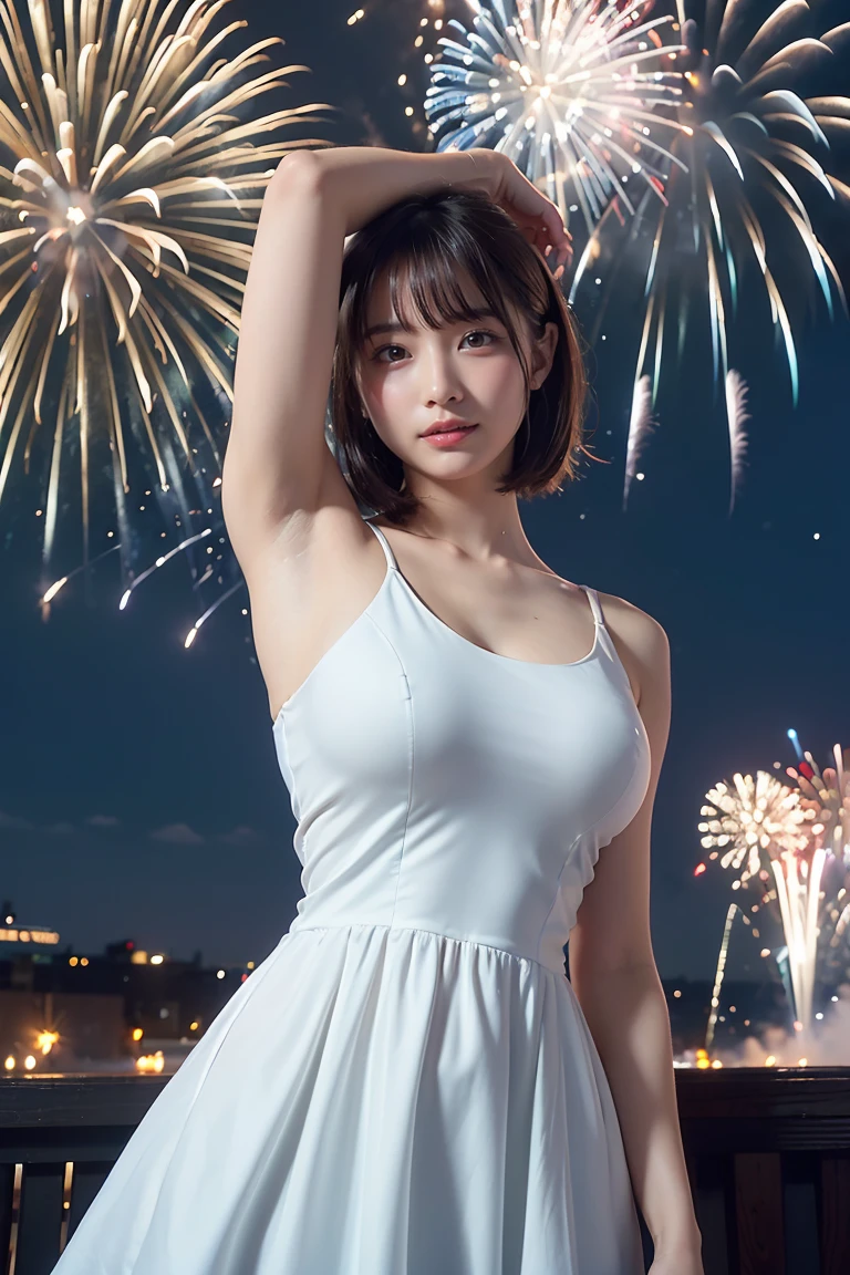 (body fit tube_top_dress:1.5), offshoulder, silk, (Show both armpits:1.4), (One girl), (Happy, A soft smile:1.2), (huge breasts:1.3), young woman, 17 years old, (detailed face), Very fine and delicate eyes, Clean and shiny lips, ((Brown Natural Bob Hair)), night, night景, Japanese Summer Festivals, Lots of food stalls, (In the crowd), Beautiful hip line, (Beautiful fireworks:1.4), (whole body:1.2), ultra detailed, Best Quality, Masterpiece, 8k, realistic, Detailed and realistic skin, realistic lighting