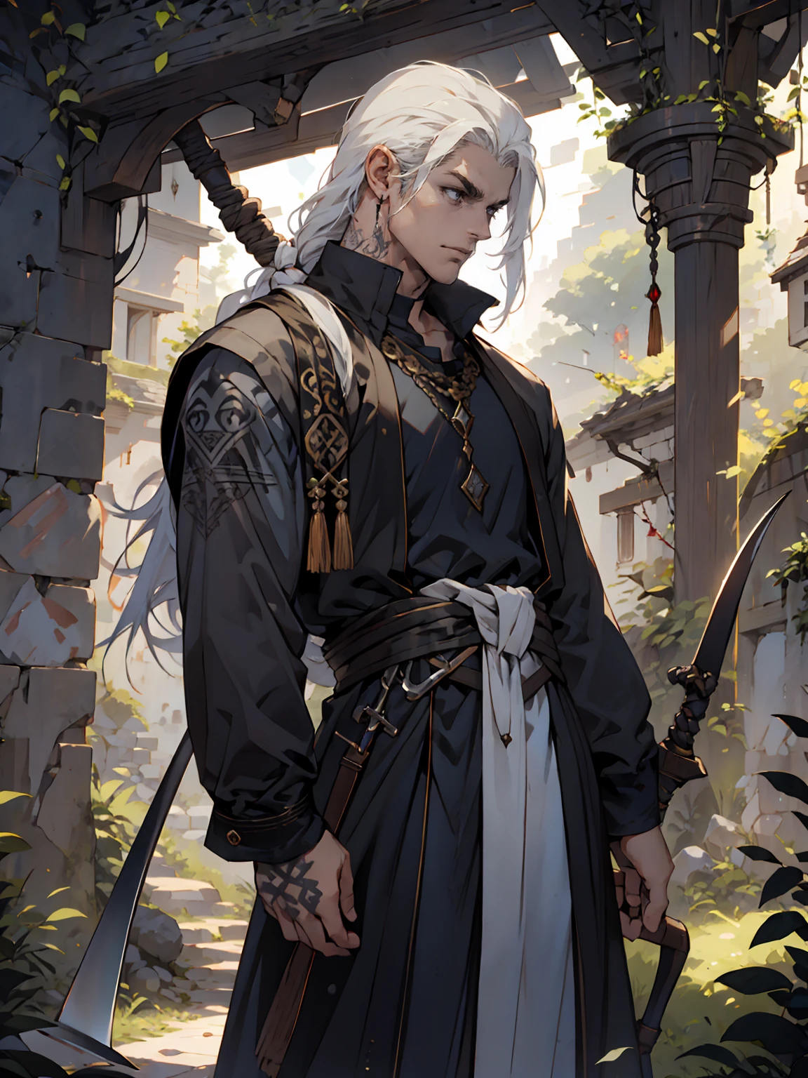 Handsome, tall, male, young, shoulder length hair, hair pushed back, white hair, strong jawline, grey eyes, no facial hair, black tunic, runes, runic tattoos, scythe,
