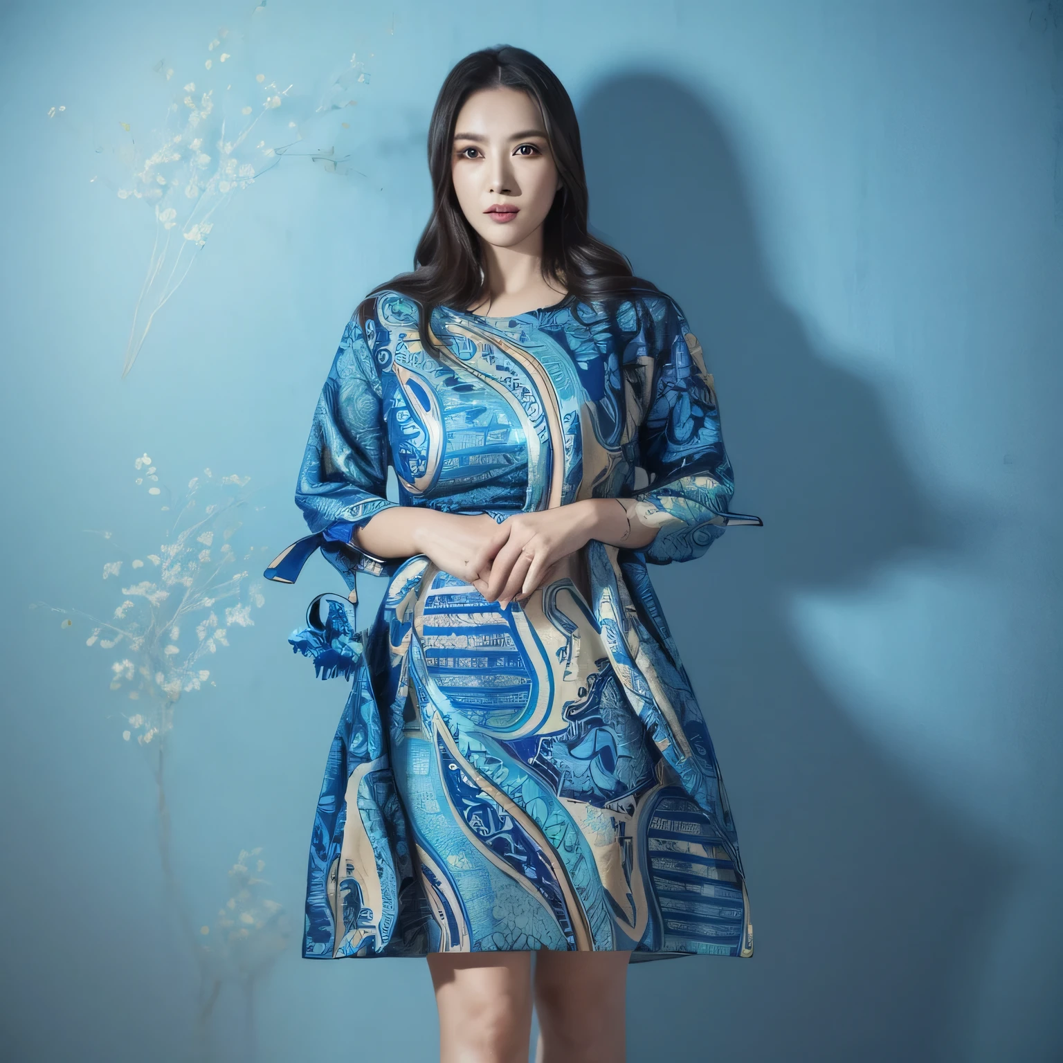 (masterpiece), (best quality), (digital painting), wide shot angle, 1 beautiful woman, thick eyebrows, curled eyelashes, facial details, long hair, Huge breasts, ((bluebatik shirt, silk cloth_pattern)), repeating pattern design, blue short skirt, hips, background, shop street, highly detailed, intricate, 8k octane rendering