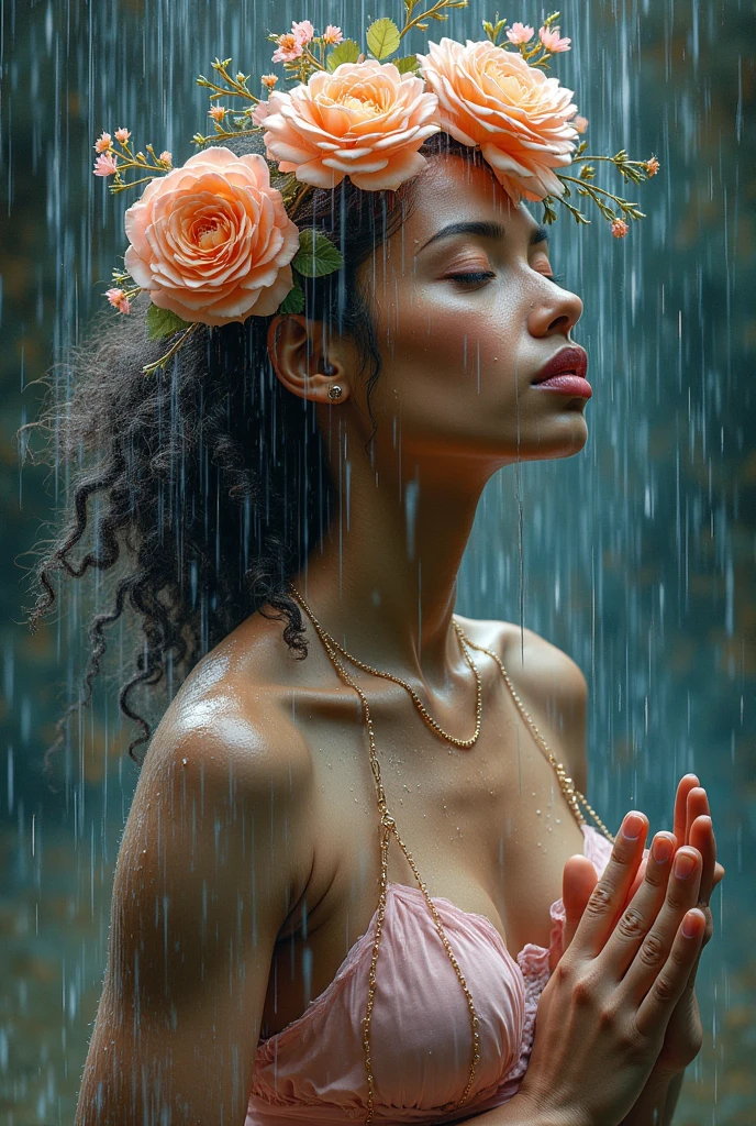 I am the rain that sees the most beautiful woman and touches her all over her body of different races giving her hope and faith and using only pastel colors , The message I want to give is that there is hope, we just have to look for it., very royal style, detailed 24k unique piece uses the triangles of composition details of his whole body details in his hands illumination of hope and nostalgia climate of colors of humility