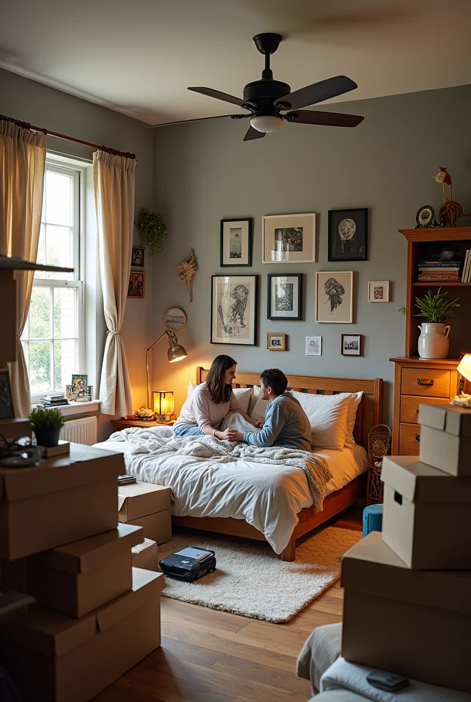 Bedroom of a couple, with neutral colors where there is a lot of clutter and boxes to pack things