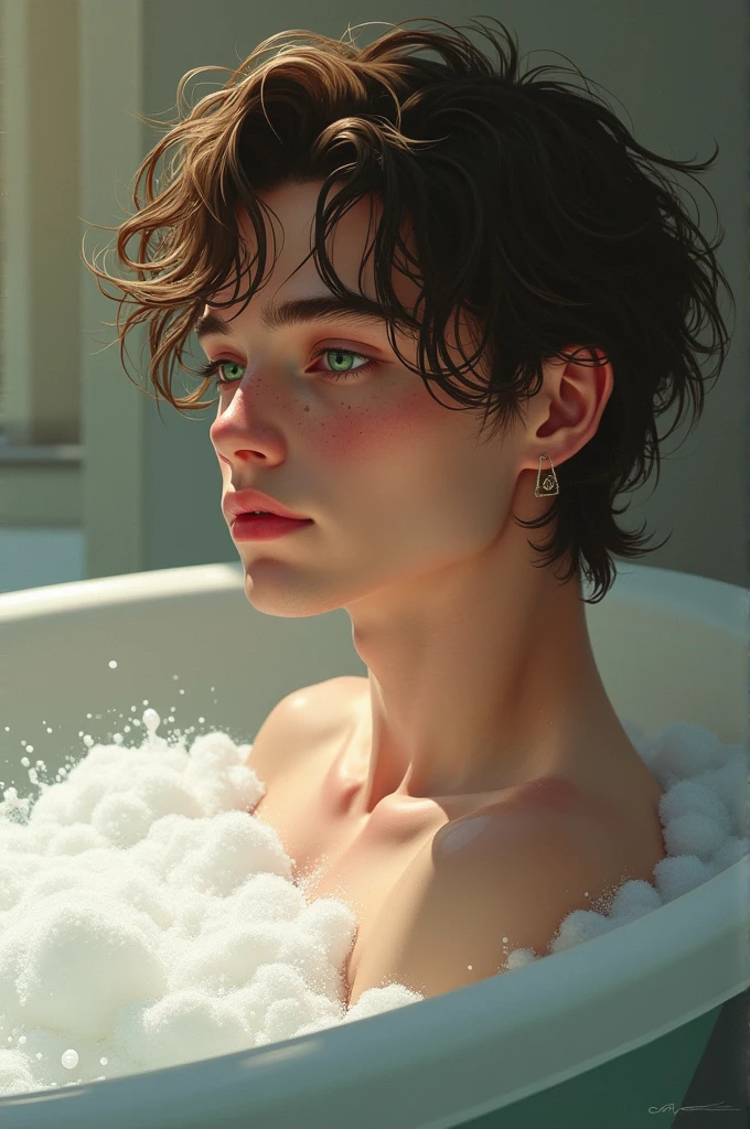 A 28-year-old man with curly light brown hair, slightly disheveled as if damp. She has delicate features, green eyes and freckles on her pale-skinned face with pink lips, He is taking a bath in a large tub making his body covered in foam and the focus is on the profile, It must be anime oil style.