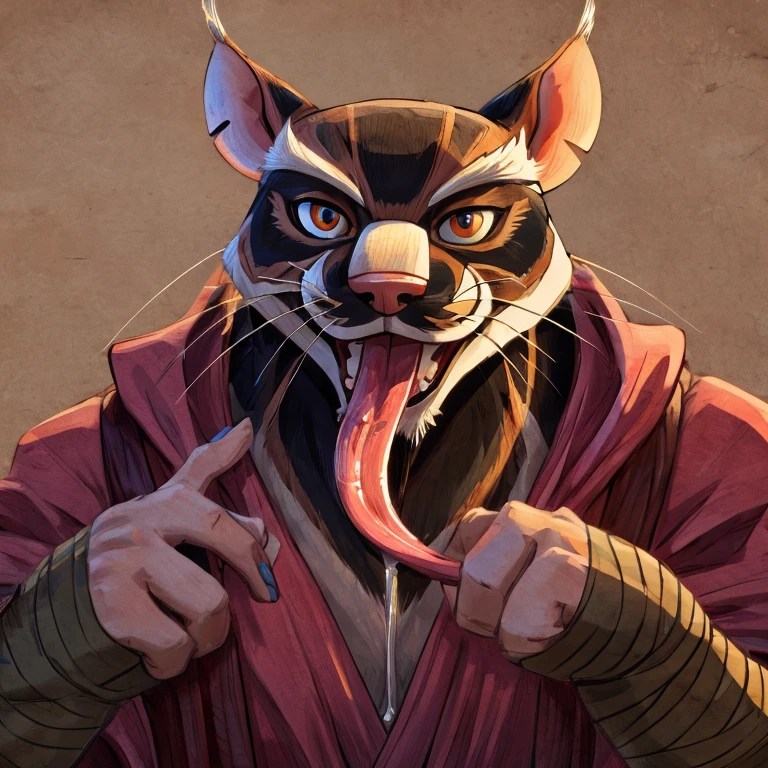 Splinter (Teenage Mutant Ninja Turtles 2012), Nickelodeon Animation, 2D, Looking at viewer, Open Mouth, Tongue Out, Long Tongue, Wide-Eyed, Rat Ears, Anatomically Correct, Seductive Smile, Massaging Tongue with Fingers, Saliva Trail, Raised Eyebrow, Oral Invitation, Simple background, Character Design, Illustration, High Resolution, Super Detailed, Textured Skin, Eye Level Shot, Single Shot, Medium Close Up