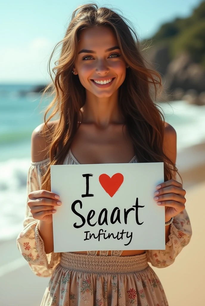 Beautiful girl with wavy long hair, bohemian dress, holding a white board with text "I Love Seaart Infinity" and showing it to the viewer