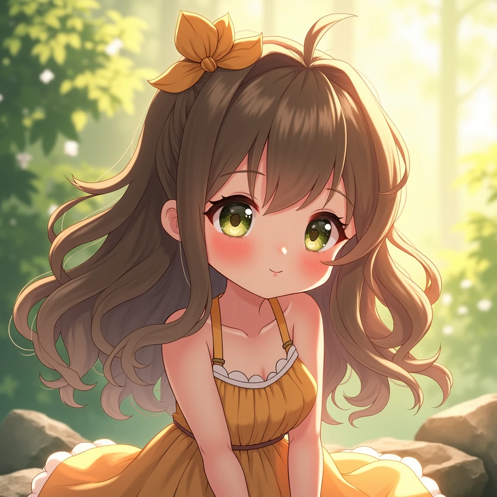 A Anime chibi girl, long weavy hair, detailed facial features, detailed eyes, delicate skin, elegant summer dress, serene expression, detailed background, natural lighting, vibrant colors, (best quality,4k,8k,highres,masterpiece:1.2),ultra-detailed,(realistic,photorealistic,photo-realistic:1.37),concept art, white background