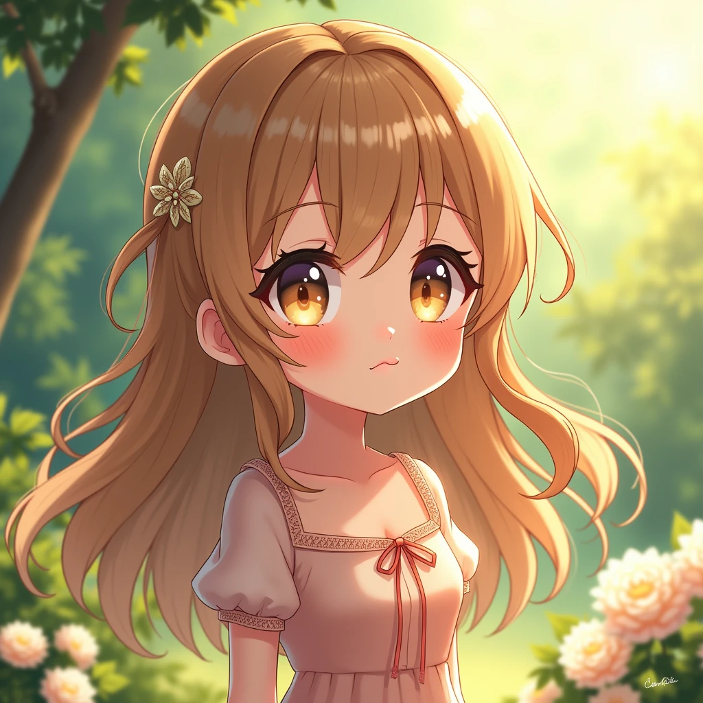 A Anime chibi girl, long weavy hair, detailed facial features, detailed eyes, delicate skin, elegant summer dress, serene expression, detailed background, natural lighting, vibrant colors, (best quality,4k,8k,highres,masterpiece:1.2),ultra-detailed,(realistic,photorealistic,photo-realistic:1.37),concept art, white background