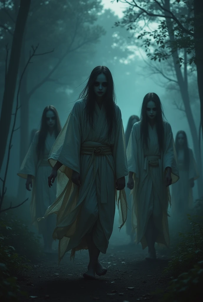 Basic Prompt for Shichinin Misaki: "An ultra-realistic depiction of Shichinin Misaki, a group of seven ghostly spirits from Japanese folklore. The spirits are depicted as haunting, ethereal figures dressed in tattered, traditional Japanese clothing, such as kimonos. Their pale, almost translucent faces carry sorrowful and vengeful expressions, with long, disheveled hair obscuring parts of their faces. The spirits have an otherworldly glow and appear slightly floating above the ground as they move. The background is a dark, misty forest at twilight, with dense trees and a faint, eerie light filtering through, enhancing the haunting atmosphere and sense of dread surrounding the group."