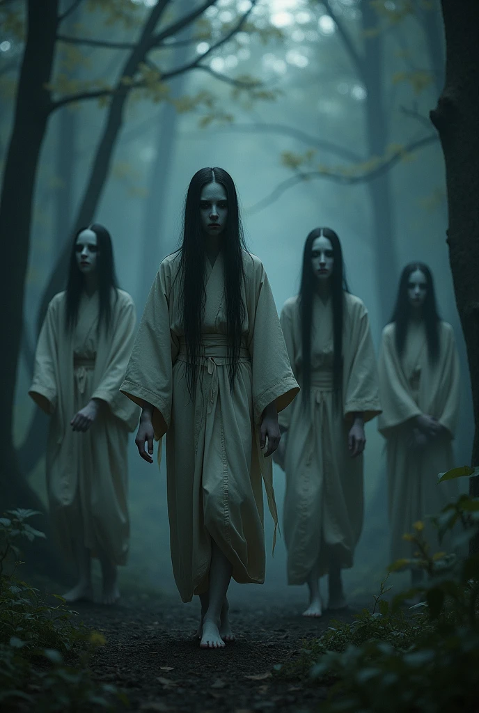 Basic Prompt for Shichinin Misaki: "An ultra-realistic depiction of Shichinin Misaki, a group of seven ghostly spirits from Japanese folklore. The spirits are depicted as haunting, ethereal figures dressed in tattered, traditional Japanese clothing, such as kimonos. Their pale, almost translucent faces carry sorrowful and vengeful expressions, with long, disheveled hair obscuring parts of their faces. The spirits have an otherworldly glow and appear slightly floating above the ground as they move. The background is a dark, misty forest at twilight, with dense trees and a faint, eerie light filtering through, enhancing the haunting atmosphere and sense of dread surrounding the group."