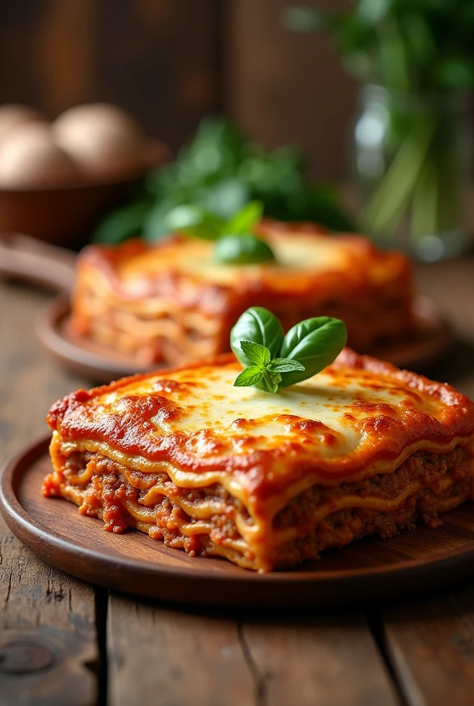2 meat lasagnas served on a table with one of them having a basil on top