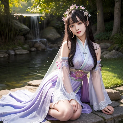 best quality, Delicate face,beautiful visual work, lifelike, eternity, black hair, Long curly hair, blunt bangs, Smile, Detailed Background, Delicate face,blush,cold,((masterpiece))、(top quality)、8k、high detail、Super detailed,21 years old female,Wearing Tang Dynasty Hanfu、waist skirt, Clothes are light and fluffy,Hanfu, wide sleeves, Transparent sleeves, Tunic, Clothes made of chiffon, Seductive and whimsical style、masterpiece、born、Scenes resembling fairy tale illustrations、Intricate details and complex designs、Beautifully、magic、capricious、 Beautifully、Dream aesthetics、「𝓡𝓸𝓶𝓪𝓷𝓽𝓲𝓬、ethereal、charming、fickle、magic」、Realism、Visual effects、FXAA、SSAO、Shaders、voiceless、ambient lighting、Tone mapping、High resolution、Ultra high quality、Million pixels、(8K resolution:1.10)、8k、Below 8K、8K resolution、high detail、intricate details, (high quality:1.2、masterpiece:1.2、:1.21)、(21 years old female:1.21)、(Smile excitedly)、(Surrounded by a dream-like atmosphere、Model diagram,full-body shot,Normal 2 feet,Put your hands behind you,The protrusion of the breast is visible when wearing clothes, Large Breasts, H cup chest, antiquity, Xian Xia, gauze clothes, Soft and fluttering, Fairy, dream, fantasy, light, elegant, nature, Immortal, romantic, classical, ribbon, light purple clothes, By the stream