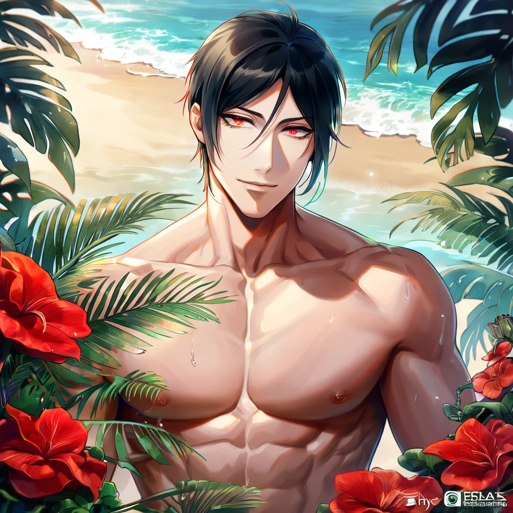 Ultra detailed, HDR, Highres, absurdres, master piece, Sebastian Michaelis, black hair, expressive red eyes, without shirt, bare chest, toned chest, Kuroshitsuji, sexy man, handsome, flowers, fantasy, magical, green leaves, handsome, best quality, sensual, horny, water, beach, solo, manly man, handsome smile