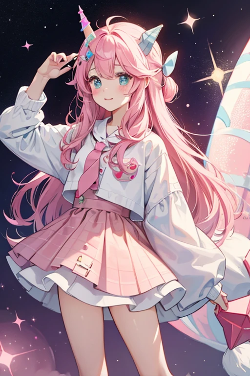 Nikki is a white girl narwhal with a dark red spot on  a pink horn, waffle cone fins and tail, and pink cheeks. SPARKLE; GLITTER