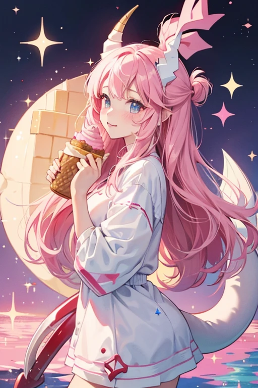 Nikki is a white girl narwhal with a dark red spot on a pink horn, waffle cone fins and tail, and pink cheeks. SPARKLE; GLITTER