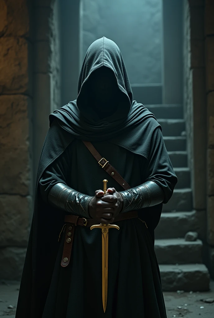 (masterpiece:1.2), (best quality:1.2), 8k, HDR, ultra detailed, ((photorealistic)), professional light, cinematic lighting, fashion photography, ambient lighting, background, a dark medieval dungeon, Darkness, epiCPhoto, fire, stairs, A thief in cloth armor, holding golden dagger in each hands.