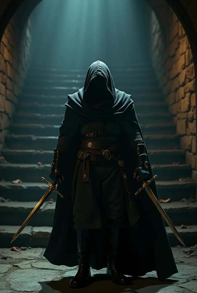 (masterpiece:1.2), (best quality:1.2), 8k, HDR, ultra detailed, ((photorealistic)), professional light, cinematic lighting, fashion photography, ambient lighting, background, a dark medieval dungeon, Darkness, epiCPhoto, fire, stairs, A thief in cloth armor, holding golden dagger in each hands.