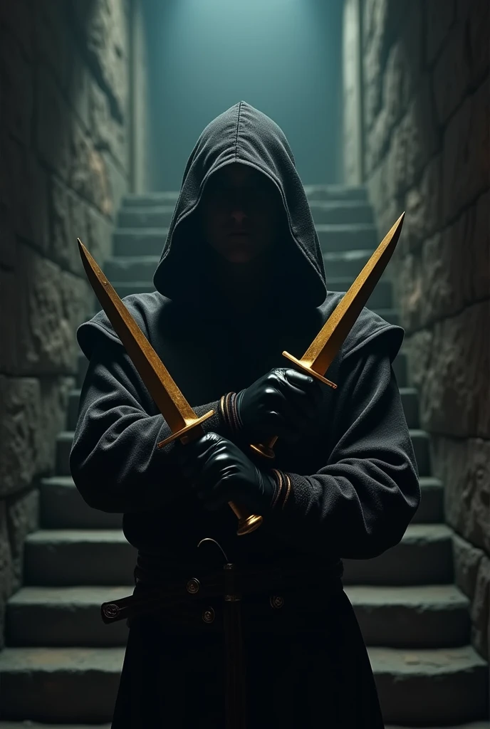 (masterpiece:1.2), (best quality:1.2), 8k, HDR, ultra detailed, ((photorealistic)), professional light, cinematic lighting, fashion photography, ambient lighting, background, a dark medieval dungeon, Darkness, epiCPhoto, fire, stairs, A thief in cloth armor, holding golden dagger in each hands.