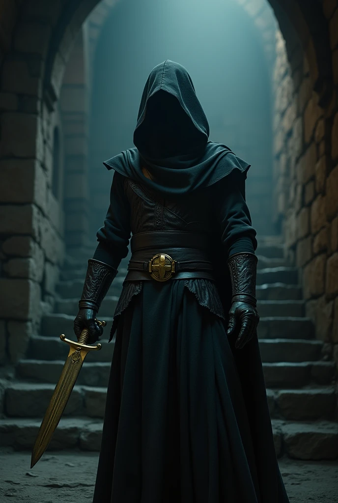 (masterpiece:1.2), (best quality:1.2), 8k, HDR, ultra detailed, ((photorealistic)), professional light, cinematic lighting, fashion photography, ambient lighting, background, a dark medieval dungeon, Darkness, epiCPhoto, fire, stairs, A thief in cloth armor, holding golden dagger in each hands.