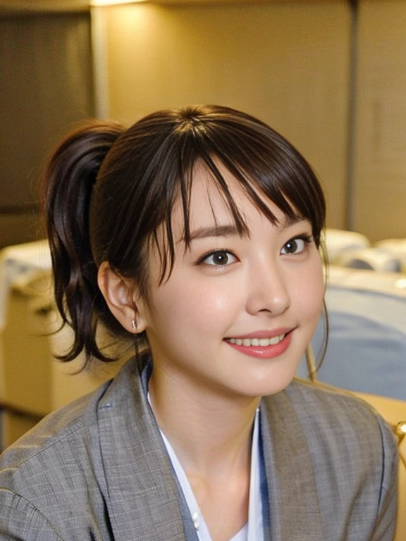 (Masterpiece, Best quality:1.2), (Ultra realistic, Photo-realistic:1.2), From Below, looking down, (kneeling:1.1), Natural light, 25 years old actress, Japanese women, Neat and clean, cabincrew, (cabincrew uniform:1.2), (unbutton:1.3), (ponytail:1.2), Light brown hair color, (Beautiful Face), Oval face, clear, (Beautiful eyes, Kind eyes), (Clear skin), Small face, (Small mouth, Beautiful mouth), Natural makeup, Approachable, Luxury hotel Suite room, On bed, nsfw, Seductive smile, (Seductive pose:1.2), (Beautiful thighs:1.2), Bedroom eyes,
