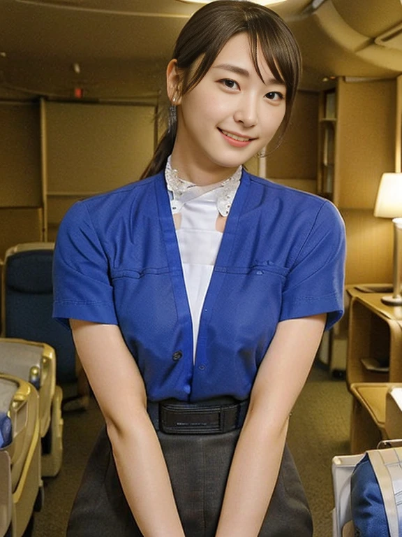 (Masterpiece, Best quality:1.2), (Ultra realistic, Photo-realistic:1.2), From Below, looking down, (kneeling:1.1), Natural light, 25 years old actress, Japanese women, Neat and clean, cabincrew, (cabincrew uniform:1.2), (unbutton:1.3), (ponytail:1.2), Light brown hair color, (Beautiful Face), Oval face, clear, (Beautiful eyes, Kind eyes), (Clear skin), Small face, (Small mouth, Beautiful mouth), Natural makeup, Approachable, Luxury hotel Suite room, On bed, , Seductive smile, (Seductive pose:1.2), (Beautiful thighs:1.2), Bedroom eyes,