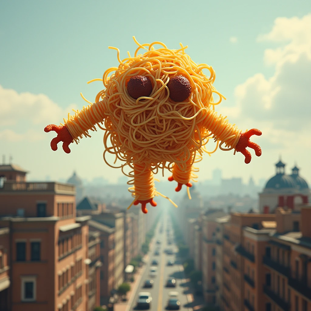 realistic photograph of the sighting in the distance of a monster made entirely of large spaghettis, flying over the buildings of a city, the monster has two meatballs as eyes and two spaghetti appendages as arms, without hands, without legs, highly detailed photograph, very high resolution, master piece, masterpiece, landscape photography,
