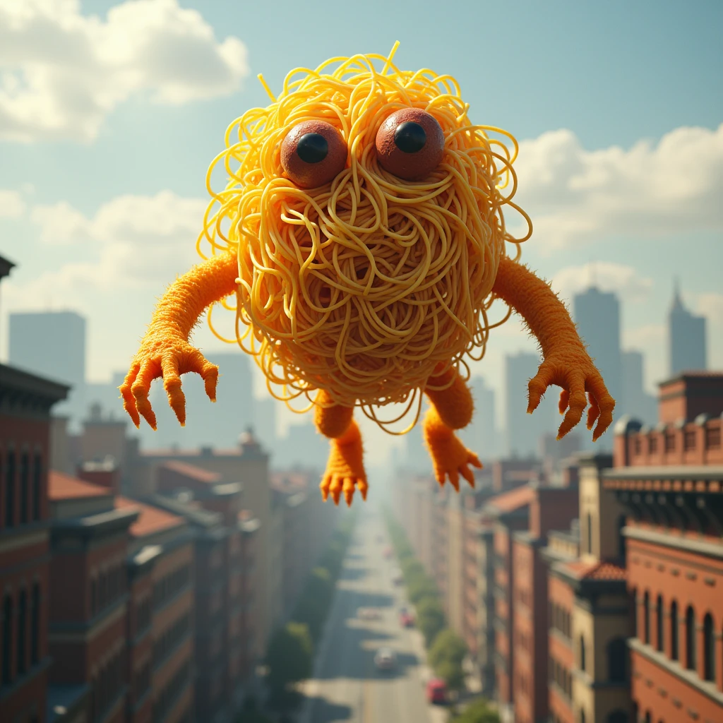 realistic photograph of the sighting in the distance of a monster made entirely of large spaghettis, flying over the buildings of a city, the monster has two meatballs as eyes and two spaghetti appendages as arms, without hands, without legs, highly detailed photograph, very high resolution, master piece, masterpiece, landscape photography, 