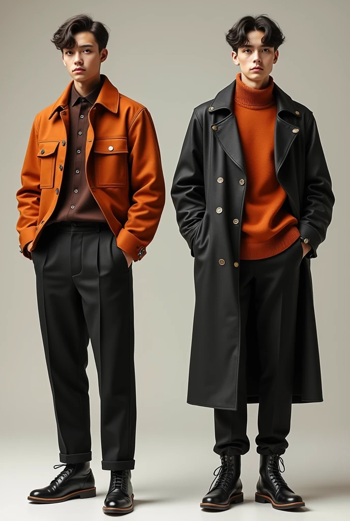 "Create four streetwear outfits for a skinny INFJ guy who is 5'5" tall and weighs 48kg. He has a heart-shaped face, an inverted triangle body shape, and a deep autumn color palette. Ensure the outfits align with his season's colors. Incorporate a two-block hairstyle into the overall look. Each outfit should have a unique style, allowing him to choose the best fit."