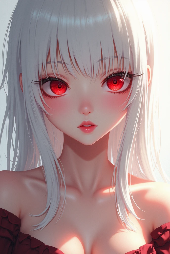 Girl with white hair and red eyes, in a sensual way, anime version