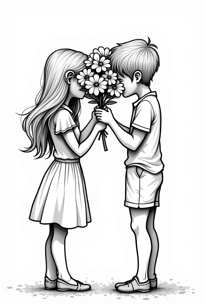 Draw with hand-drawn lines。No colors, just lines。With an American feel、Pop please。The content is the moment when a girl gives a boy a flower.。Their faces are hidden by flowers。