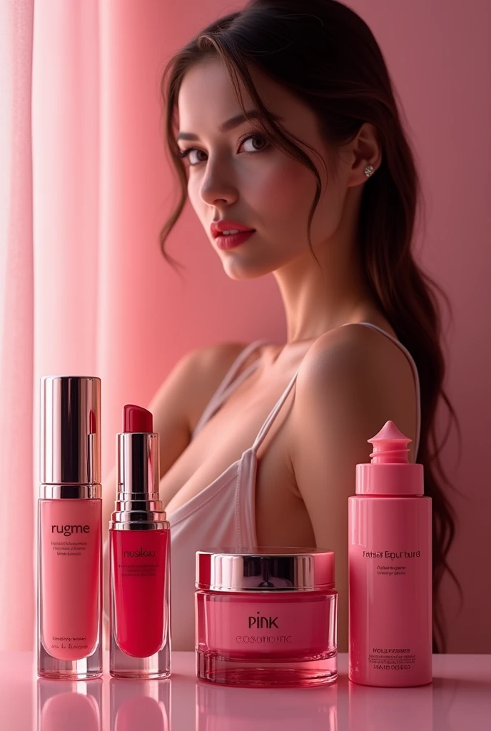 Image of cosmetics with a DARK PINK writing that says PINK COSMETIC AND A WOMAN NEXT TO IT