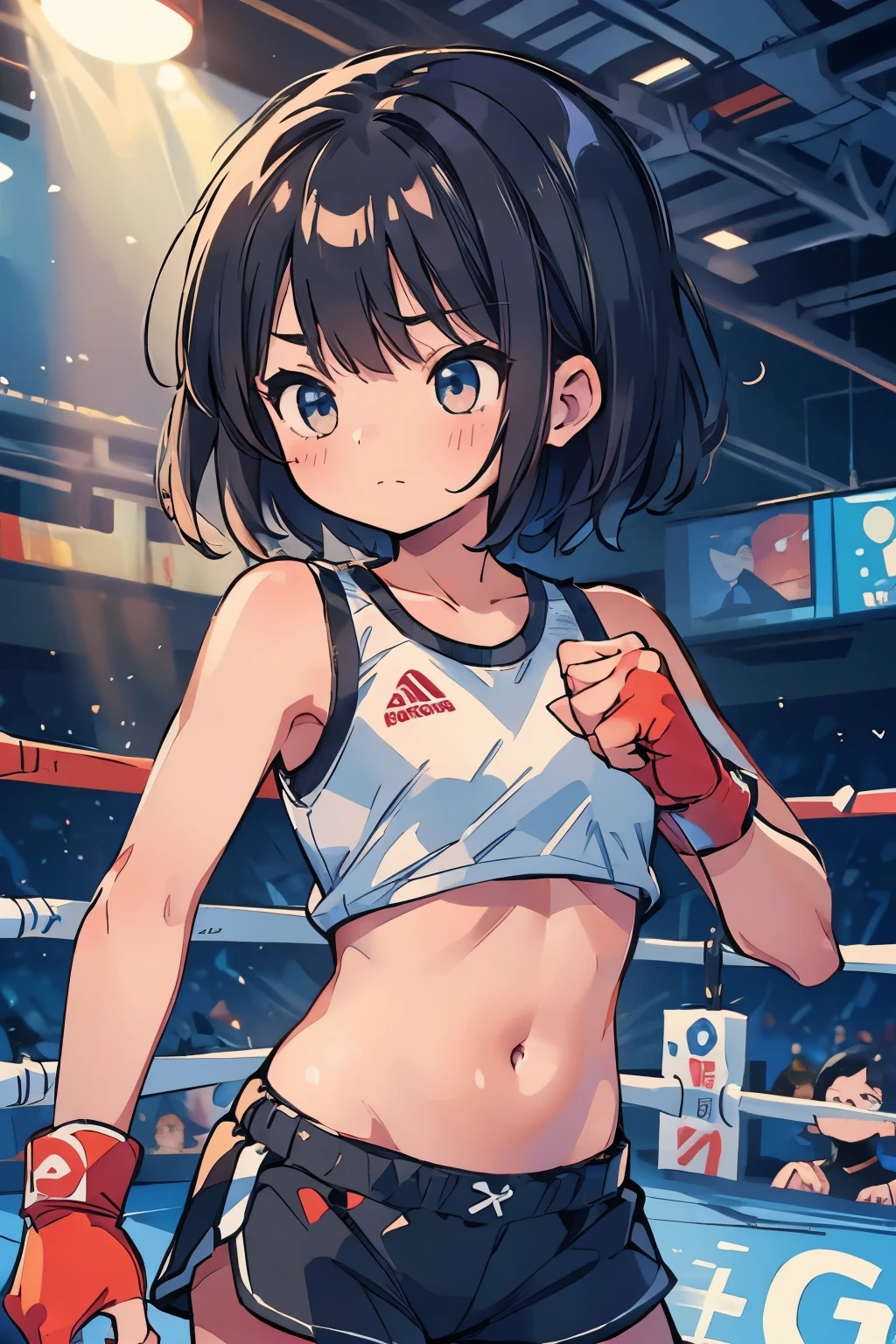 (boxing:1.3)、(Elementary school girl:1.1)、belly button、cool、Shorts、Shortcuts、Serious expression、strong、(Closed Mouth:1.1)