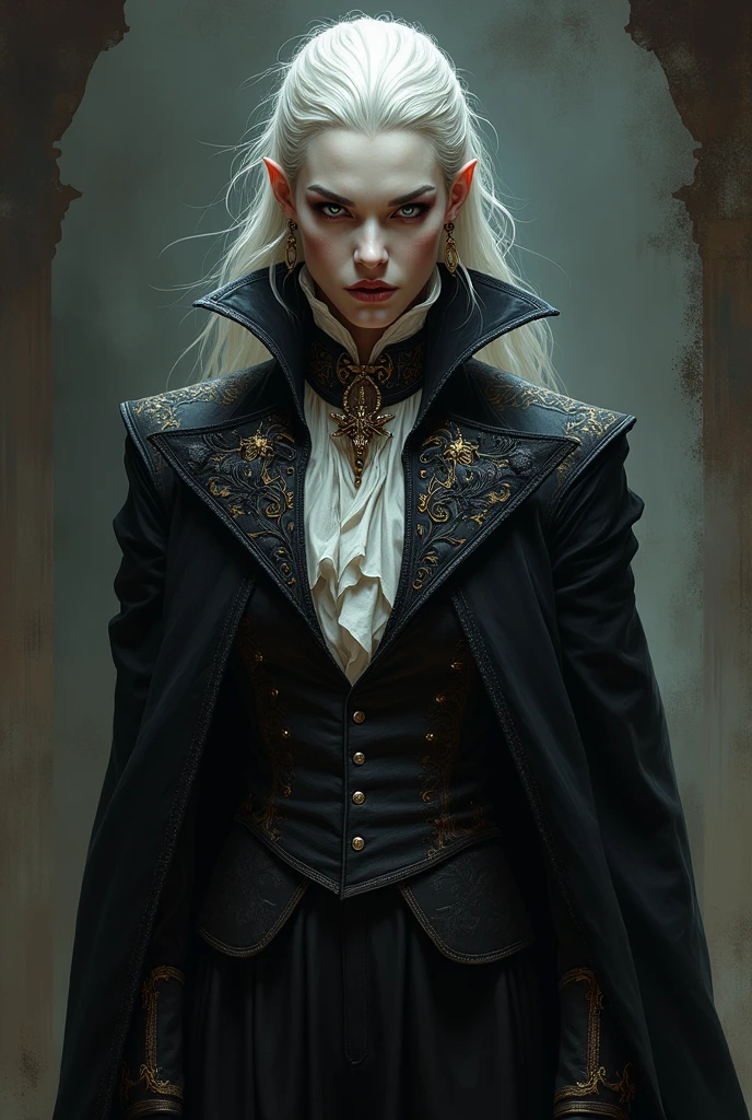 Illustration of an RPG character in full body vampire character sheet close-up