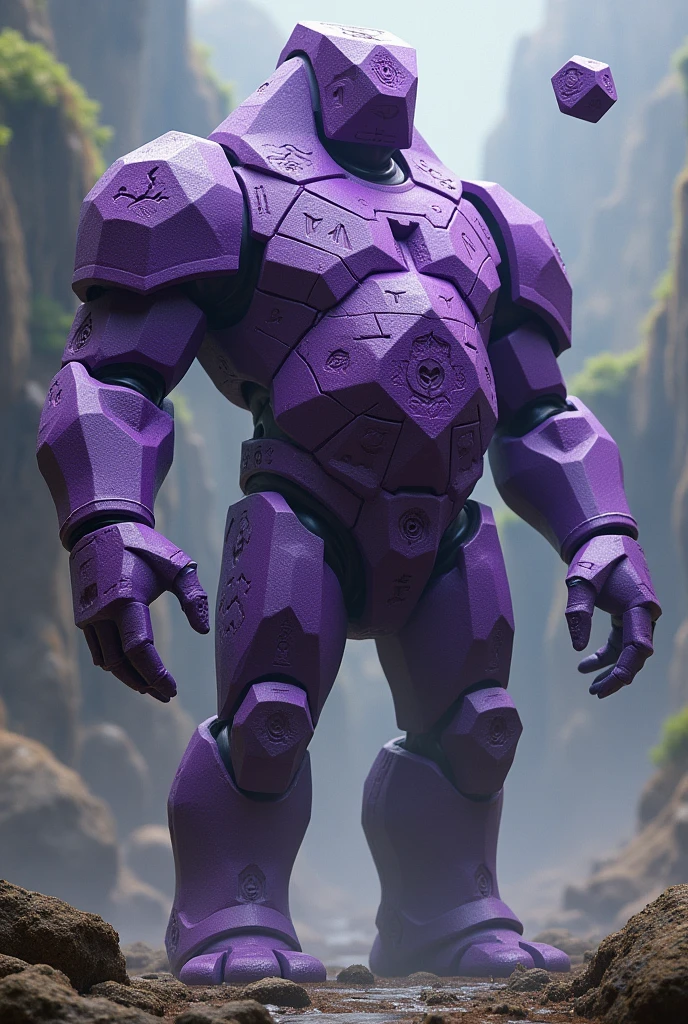 20 sides Dice golem no face no human features magic purple bulk floating head artifact no neck stone mechanic articulated