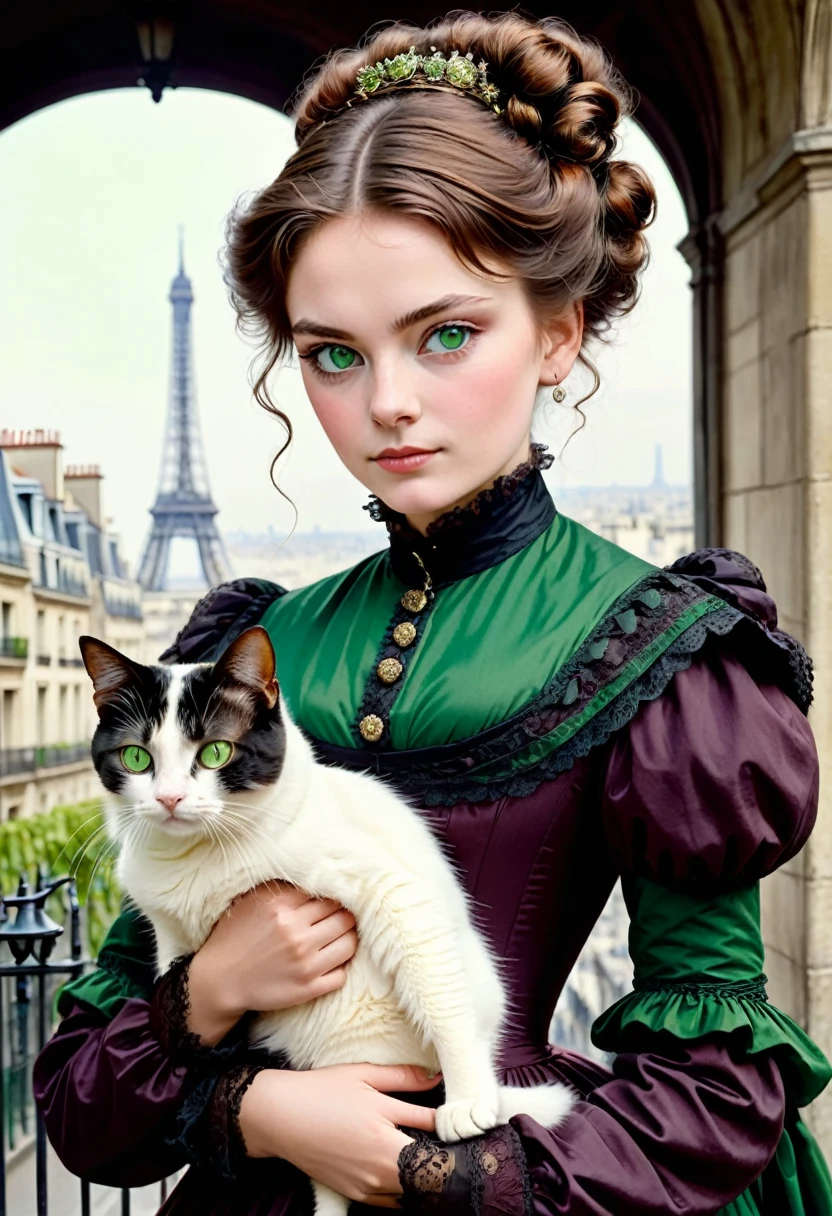 A 20-year-old woman with a hard and cold character, Brown hair updo and locks of hair, Victorian era wine dress,green eyes, carrying a cat: black with white, in the background the city of Paris, 1880