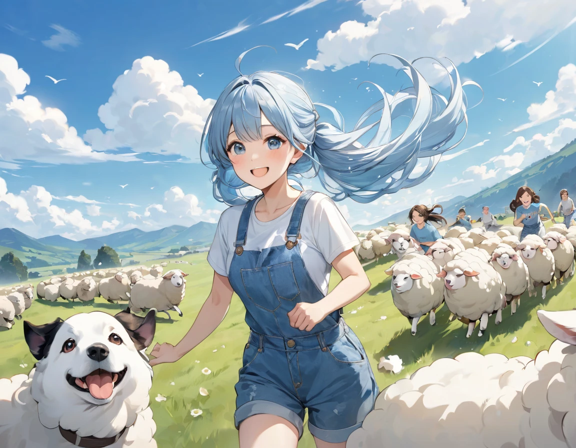 Light blue long hair、beautiful girl with twin tails、T-shirt and denim jumpsuit、A happy smile、Sheep pasture、Lots of sheep、Smiling girl holding a sheep、Running with the sheep、blue sky、Two dogs watching over sheep、Shepherd Dog