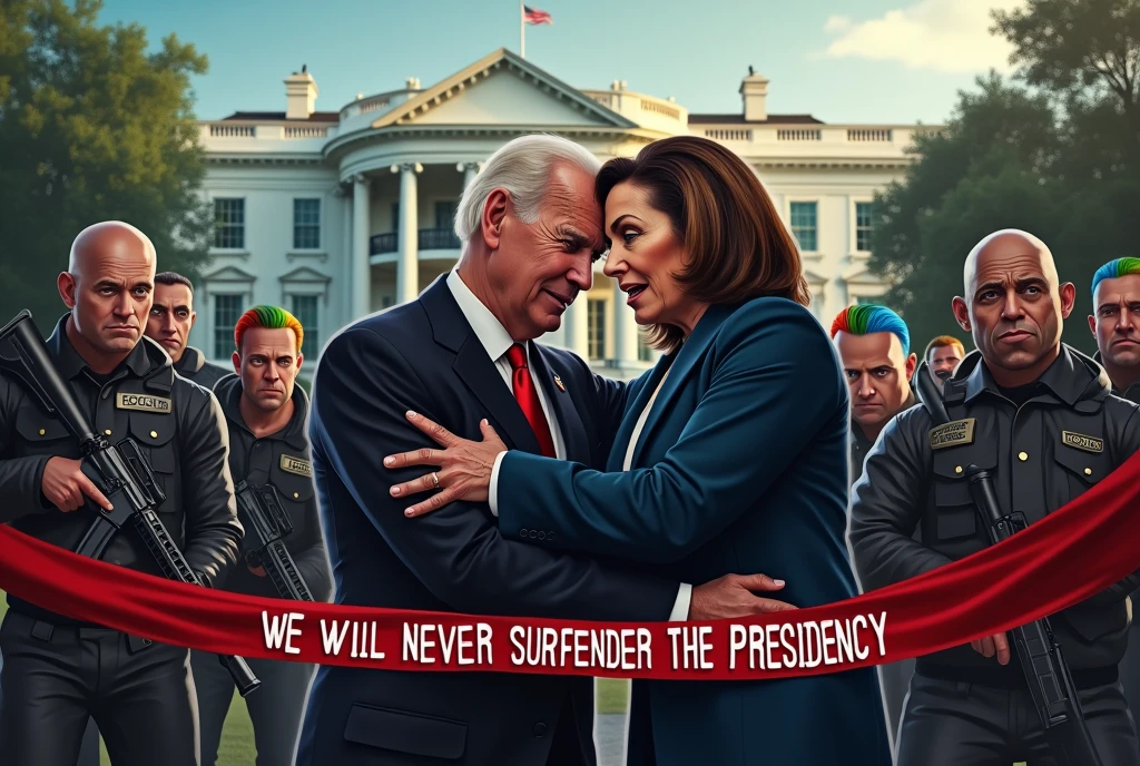 White House, Joe Biden and Nancy Pelosi hold onto each other panicked, several gay men in club leathers with rifles and rainbow hair form a defensive line, 'We will never surrender the presidency' is written in large clear letters along the bottom of the screen news update style