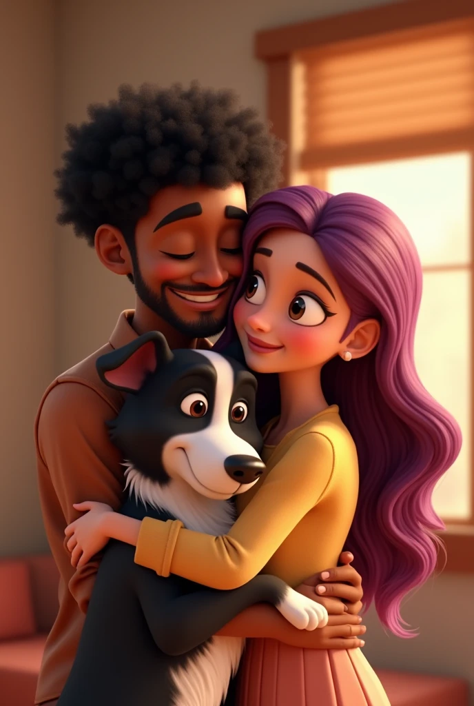 Disney Pixar-type animation of a young Colombian man with dark skin, cheek, a bit overweight, black curly hair with fade cut, thin nose, thin eyebrows and short beard. Hugging a young woman with long violet red hair very lovingly, white skin and a border collie dog with all black hair