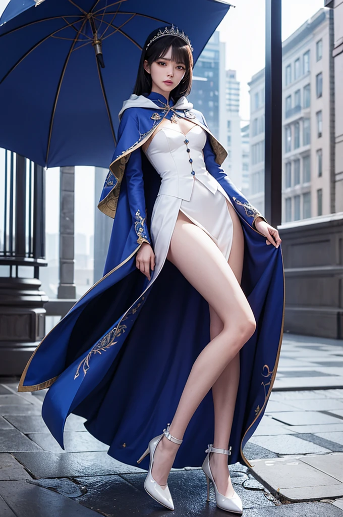 South korea women mystery hooded on with modern royal Blue coat with buttons and royal Blue cape and very high white heel over the knee and white gloves, As she reveals a small secret hidden blade, adding to the character’s mysterious and agile appearance, with small movements of air on the cape, in summer at night under the rain, with buildings featuring curved eaves and detailed architecture. The scene is set at night, she slit a person's throat , intricate detail, ultra detail, incredible detail, intricate detail, extremely detailed and intricate, super max, masterpiece, best quality, HDR, UHD, unreal engine. , beautiful face, Rich in details High quality, gorgeous, captivating, 8k, super detailed, stunning shadows, detailed lines