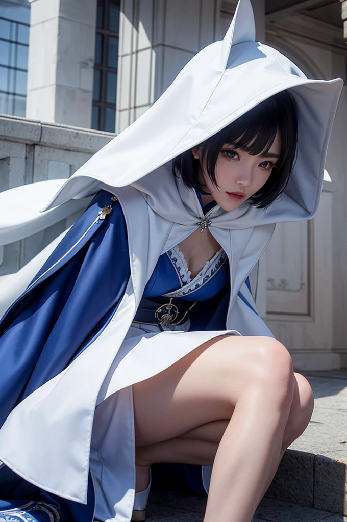 South korea women mystery hooded on with modern royal Blue coat with buttons and royal Blue cape and very high white heel over the knee and white gloves, As she reveals a small secret hidden blade, blood stain on her,adding to the character’s mysterious and agile appearance, with small movements of air on the cape, in summer at night under the rain, . The scene is set at night,human corpse, Pool of blood, splash of blood, there was someone behind him wearing the same clothes in an alley in the garden. , intricate detail, ultra detail, incredible detail, intricate detail, extremely detailed and intricate, super max, masterpiece, best quality, HDR, UHD, unreal engine. , beautiful face, Rich in details High quality, gorgeous, captivating, 8k, super detailed, stunning shadows, detailed lines