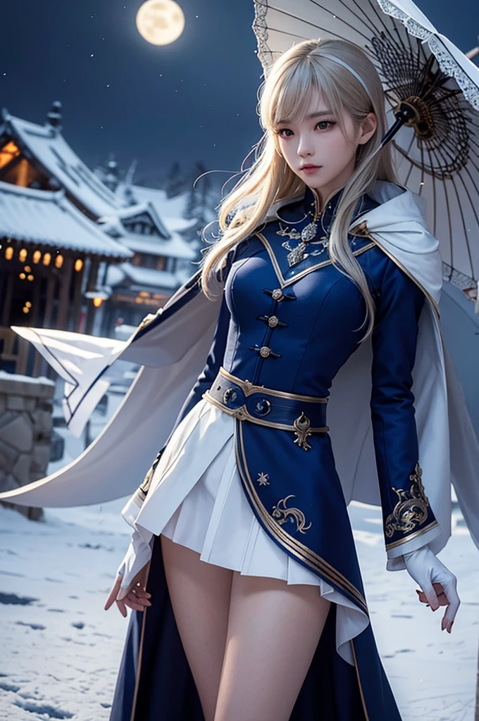South korea women mystery hooded on with modern royal Blue coat with buttons and royal Blue cape and very high white heel over the knee and white gloves, As she reveals a small secret hidden blade, adding to the character’s mysterious and agile appearance, with small movements of air on the cape, in summer at night under the rain, with buildings featuring curved eaves and detailed architecture. The scene is set at night, she slit a person's throat , intricate detail, ultra detail, incredible detail, intricate detail, extremely detailed and intricate, super max, masterpiece, best quality, HDR, UHD, unreal engine. , beautiful face, Rich in details High quality, gorgeous, captivating, 8k, super detailed, stunning shadows, detailed lines