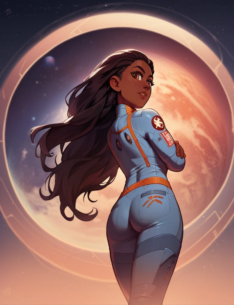 score_9, score_8_up, score_7_up, girl, dark skin, long hair, brown eyes, commanding a space ship