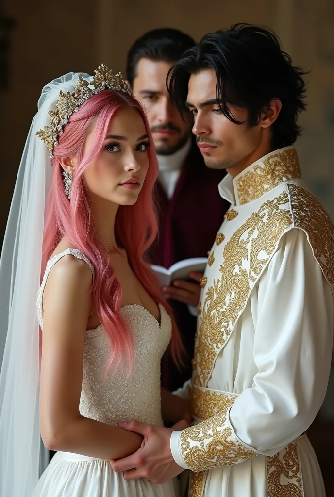 Medieval romantic setting. Beautiful woman with pink long hair and hazel eyes clad in a white wedding dress with golden dragon pattern embroidery. The man is handsome and tall with neck length messy black hair and dark eyes clad in regal white and golden dragon pattern embroidery. A priest officiates the wedding and is clad in burgundy. The couple is caucasian.
